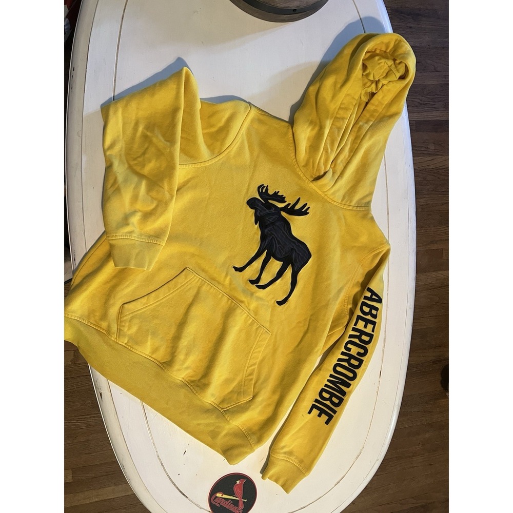 Abercrombie Kids Yellow Hoodie Moose Logo Spellout Sleeve Pullover Size 15/16